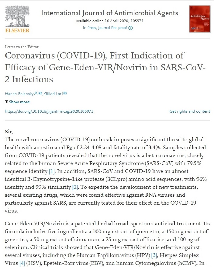 Coronavirus (COVID-19), First Indication of Efficacy of Gene-Eden-VIR/Novirin in SARS-CoV-2 Infections